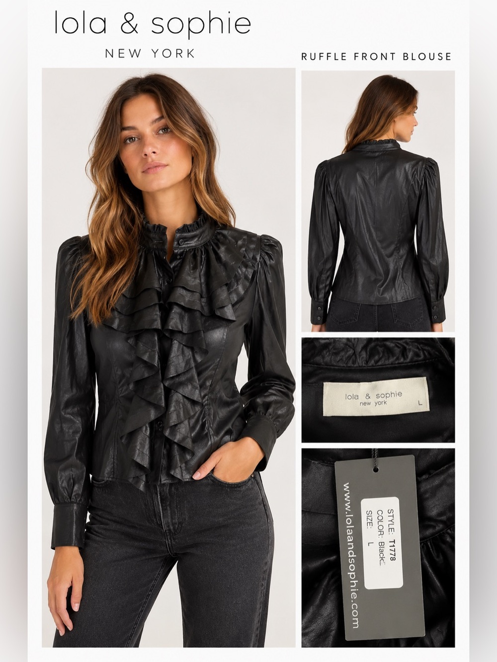 Lola & Sophie Ruffle Front Blouse Black Faux Leather Size L NWT